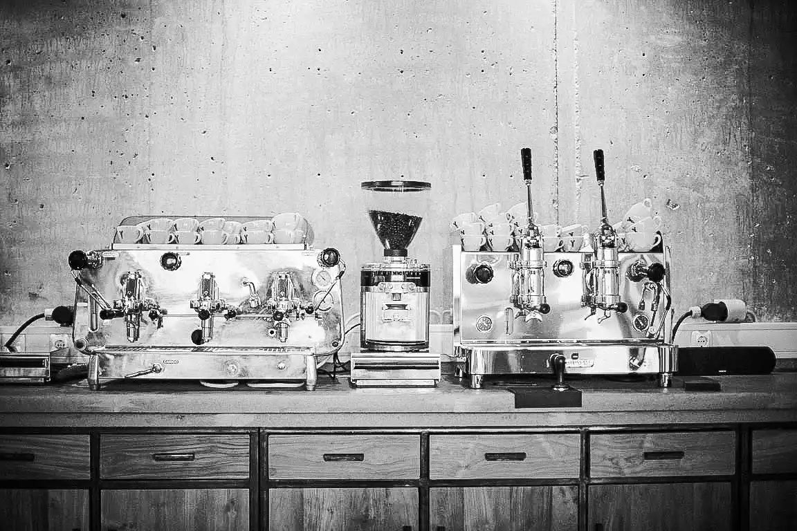 Commercial coffee machines and grinder.